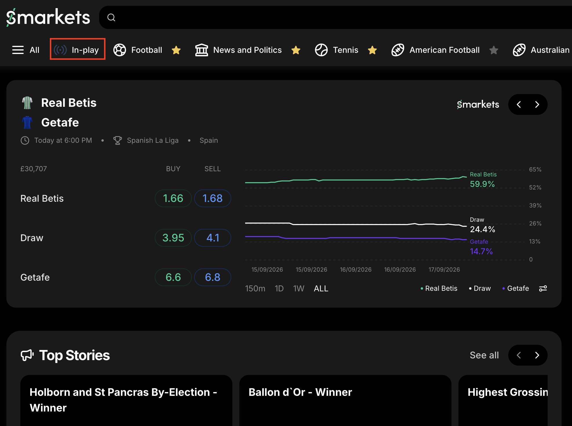 In-play section on Smarkets website